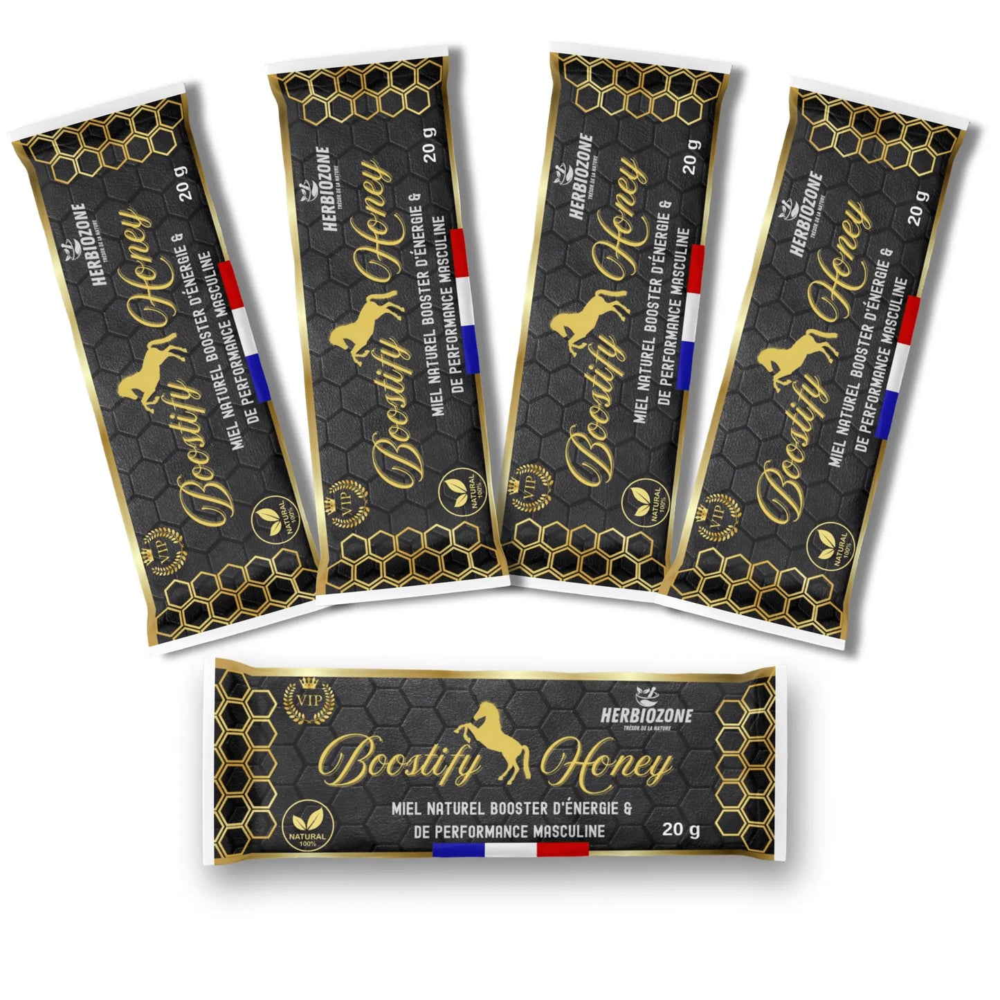 Boostify Honey miel aphrodisiaque homme format XXL, lot de 50 sticks de 20 g avec miel, gelée royale et plantes