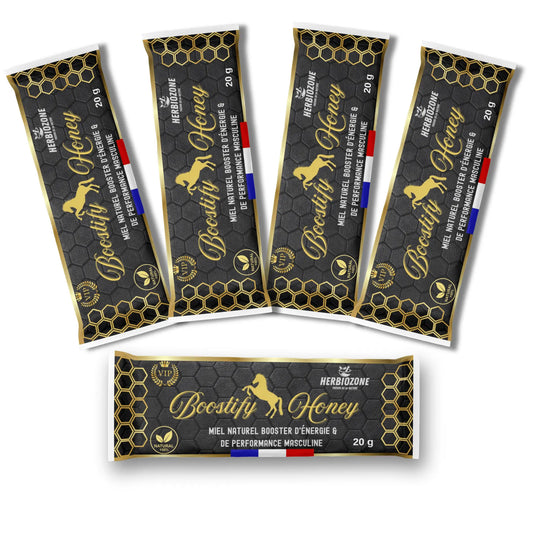 Boostify Honey miel aphrodisiaque homme format XXL, lot de 50 sticks de 20 g avec miel, gelée royale et plantes
