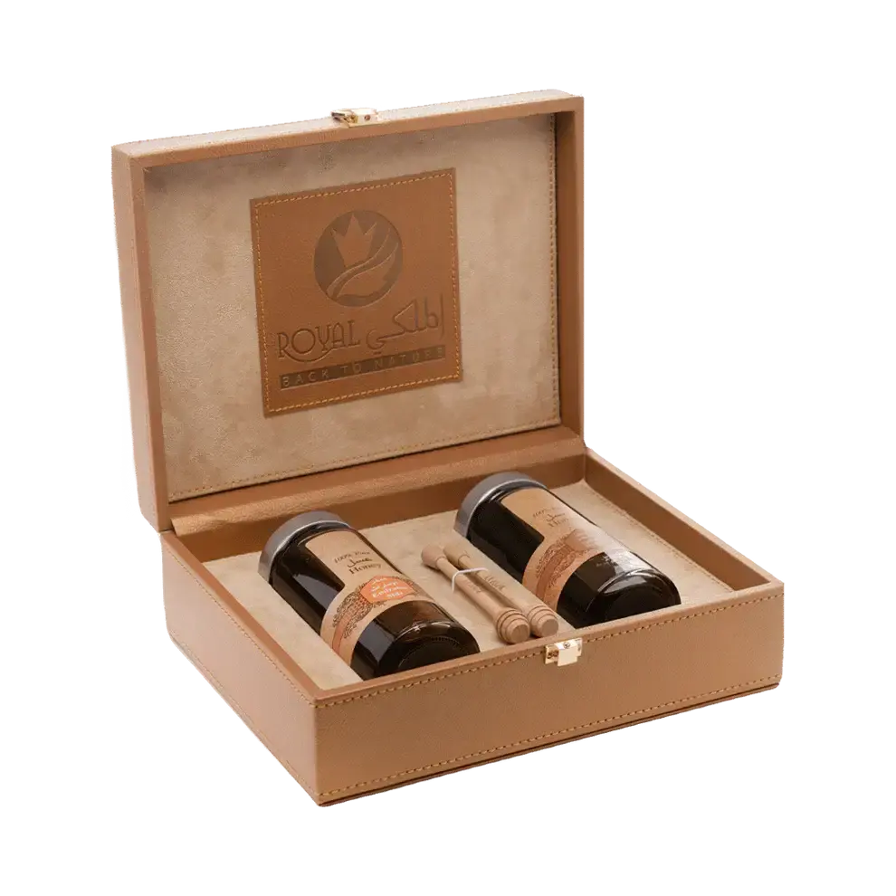 Coffret miel Sidr et Samar Emirates 2x400 g avec sac en cuir italien et deux cuillères en bois