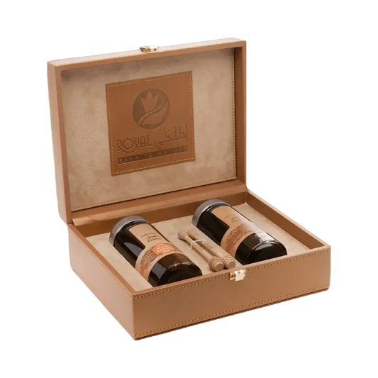 Coffret miel Sidr et Samar Emirates 2x400 g avec sac en cuir italien et deux cuillères en bois