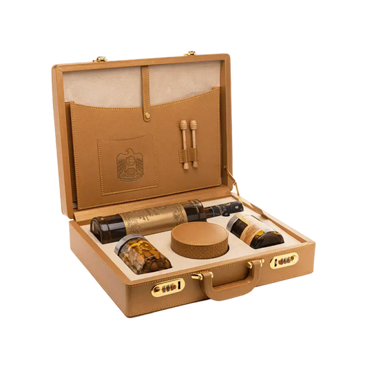 Coffret VIP Royal Honey avec miel de Sidr, miel de Samar, dattes fines et sac en cuir italien